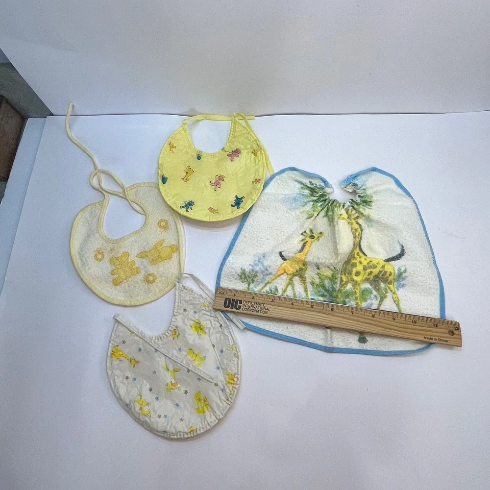 Vintage Carters Baby Bibs Lot 4 Giraffe Bear Bunny Yellow Blue Terry Cloth Vinyl